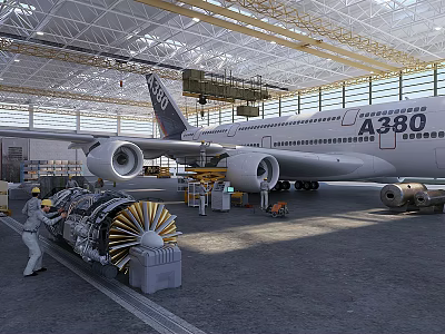 A380 Aircraft Engine Repair By Technician Inside Large Maintenance Hangar 3d model