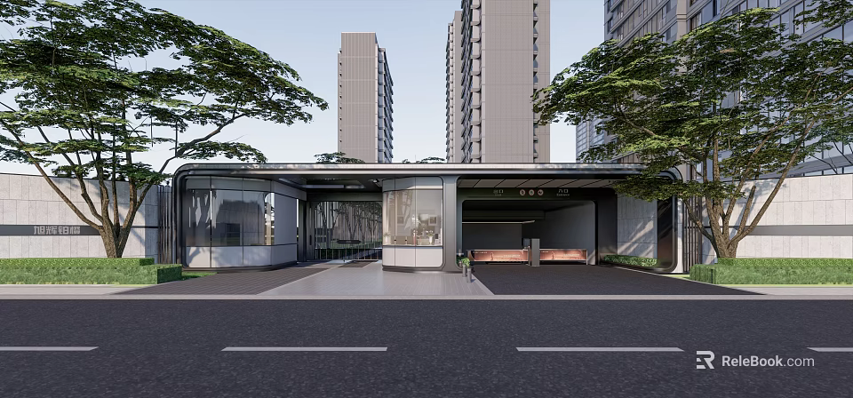 Modern Entrance Gate with Glass Structure Canopy Surrounded by Tall Buildings and Trees Fronting Driveway 3d model 