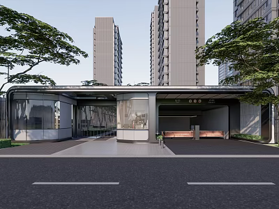 Modern Entrance Gate with Glass Structure Canopy Surrounded by Tall Buildings and Trees Fronting Driveway 3d model