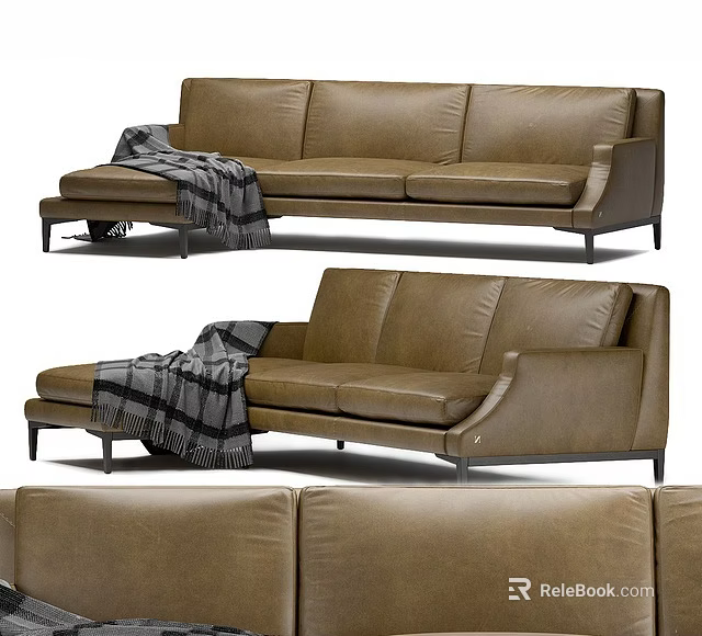 Modern Brown Leather Sectional Sofa With Chaise Lounge And Plaid Blanket 3d model