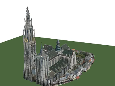 Detailed Gothic Architecture Model With Tall Clock Tower And Intricate Stone Roof Design 3d model