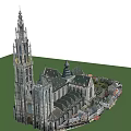 Detailed Gothic Architecture Model With Tall Clock Tower And Intricate Stone Roof Design
