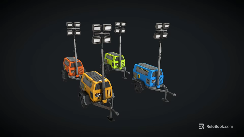 Portable Outdoor Mobile Light Towers With Multiple Lamps And Colored Wheeled Bases 3d model 