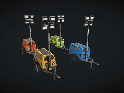 Portable Outdoor Mobile Light Towers With Multiple Lamps And Colored Wheeled Bases 3d model