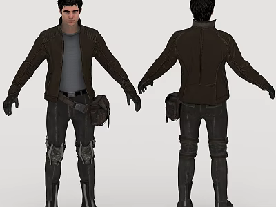 Man Wearing Brown Jacket Gray Shirt Black Pants Knee Pads Waist Pouch And Black Boots 3d model