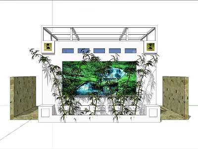 Interior Decorative Wall With Large Green Nature Landscape Painting Waterfall Bamboo Plants And Decorative Frames 3d model