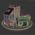 Parisian Street Scene Landscape with Cottage Cafe Green Shutters Sloped Roof and Circular Base