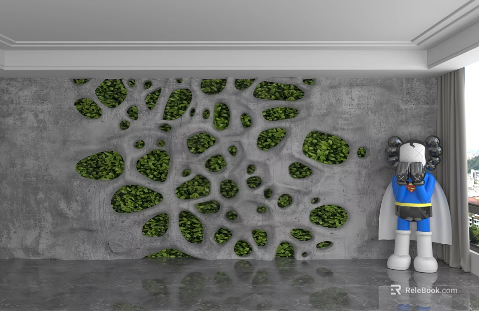 Modern Gray Background Wall with Green Plant Decorations in Irregular Holes and Cartoon Doll 3d model 