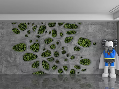 Modern Gray Background Wall with Green Plant Decorations in Irregular Holes and Cartoon Doll 3d model