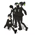 Anime Style Women In Black Hoodies With Skull Prints Standing Together