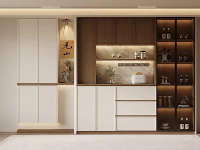 Modern Interior Wine Cabinet Design With Wooden Panels LED Lighting And Decorative Items 3d model