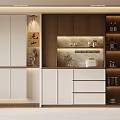 Modern Interior Wine Cabinet Design With Wooden Panels LED Lighting And Decorative Items