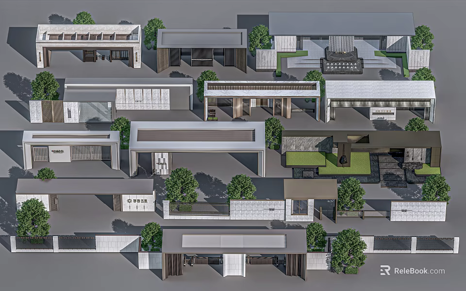Modern Entrance Gate Design For Courtyard Community With Minimalist Style And Greenery 3d model 