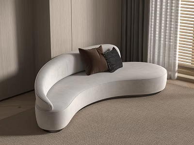Curved Light Gray Three Seater Sofa With Brown Black Cushions Wooden Wall Curtains Blinds Carpet 3d model