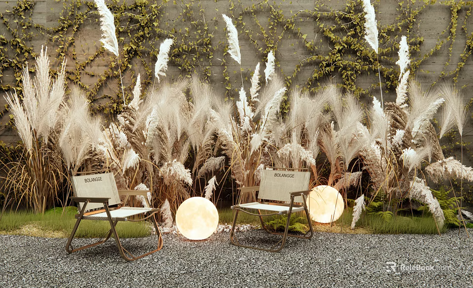 Lush Pampas Grass And Ivy Covered Wall With Chairs Round Lights On Gravel Ground 3d model 