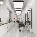 Modern Hair Salon Studio With Silver Cabinets Sofa Barber Chairs Mirrors And Red Decorations