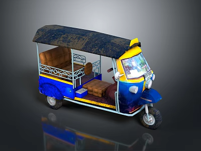 Vintage Blue And Yellow Tuk Tuk With Muddy Black Canopy Brown Seats And Metal Rails 3d model