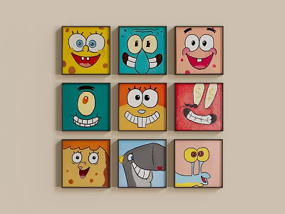 Colorful Abstract Paintings Featuring SpongeBob Characters With Vibrant Expressions Arranged in Grid on Wall 3d model