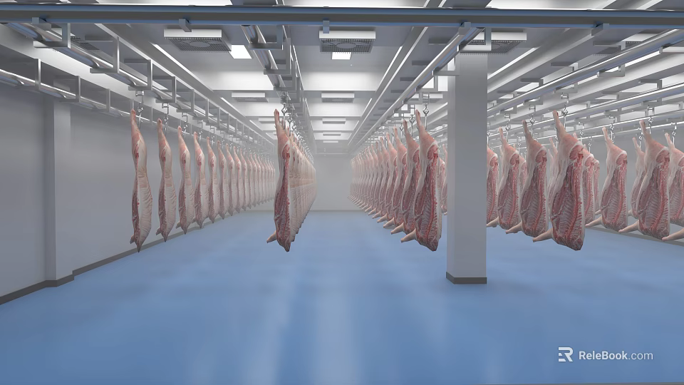 Industrial Meat Processing Plant With Rows Of Hanging Meat Carcasses Ceiling Lights And Blue Floor 3d model 