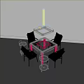 Square Entertainment Table With Four Black Chairs Small Stools Overhead Light And Central Game Area