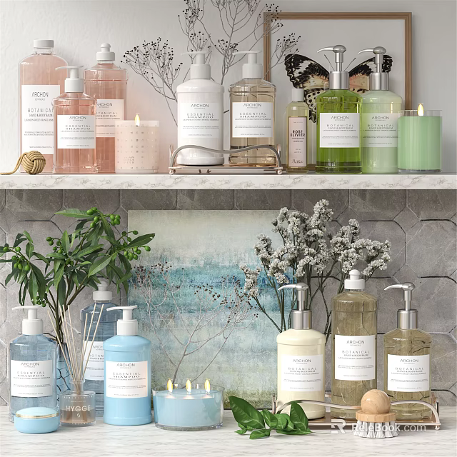 Modern Bathroom Accessories With Lotion Bottles Candles Green Plants And Artwork 3d model 