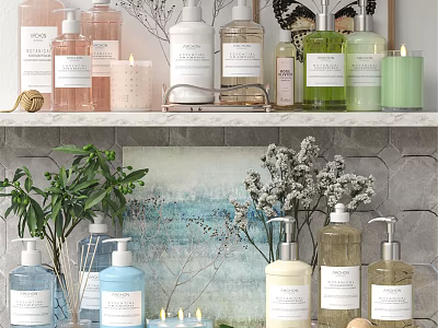 Modern Bathroom Accessories With Lotion Bottles Candles Green Plants And Artwork 3d model