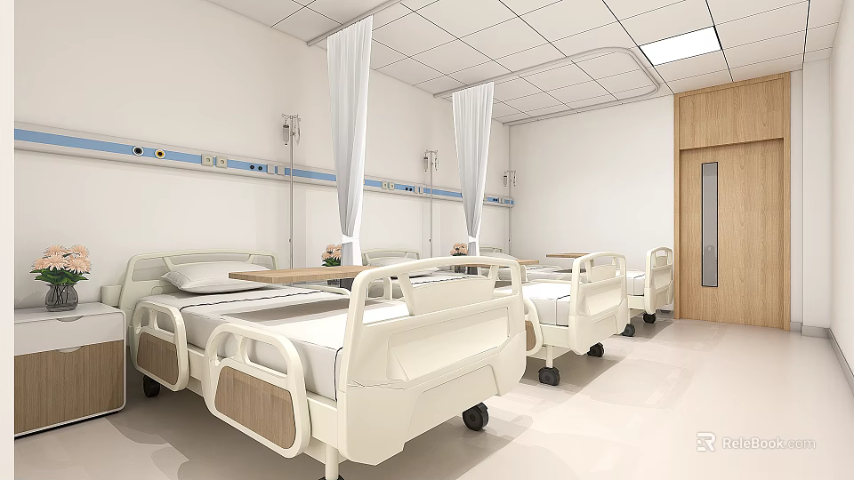 Clean Hospital Ward Interior Featuring White Medical Beds IV Stands And Wooden Door 3d model 