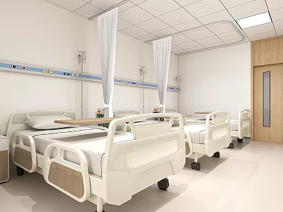 Clean Hospital Ward Interior Featuring White Medical Beds IV Stands And Wooden Door 3d model