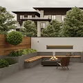 Outdoor Garden Landscape With Fire Pit Bench Seating Dining Table Chairs And Green Plants