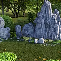 Natural Courtyard Garden With Rock Formations Trees Green Plants And Grass