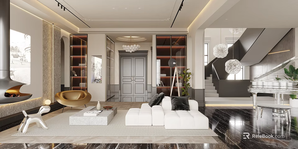 Modern Living Room Interior With White Sofa Gold Accent Chair Glass Cabinets And Marble Floor 3d model 
