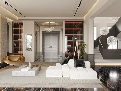 Modern Living Room Interior With White Sofa Gold Accent Chair Glass Cabinets And Marble Floor 3d model