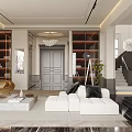 Modern Living Room Interior With White Sofa Gold Accent Chair Glass Cabinets And Marble Floor