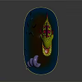 Cartoon Green Fish With Red Spots Yellow Teeth Blue Eyes Near Purple Conch Green Seaweed