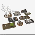 Stylish Decorative Ornament Sets With Trays Green Plants And Mini House Models For Home Decor
