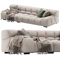 Modern Beige Sectional Sofa with Cozy Throw Pillows and Tasseled Blanket 3d model