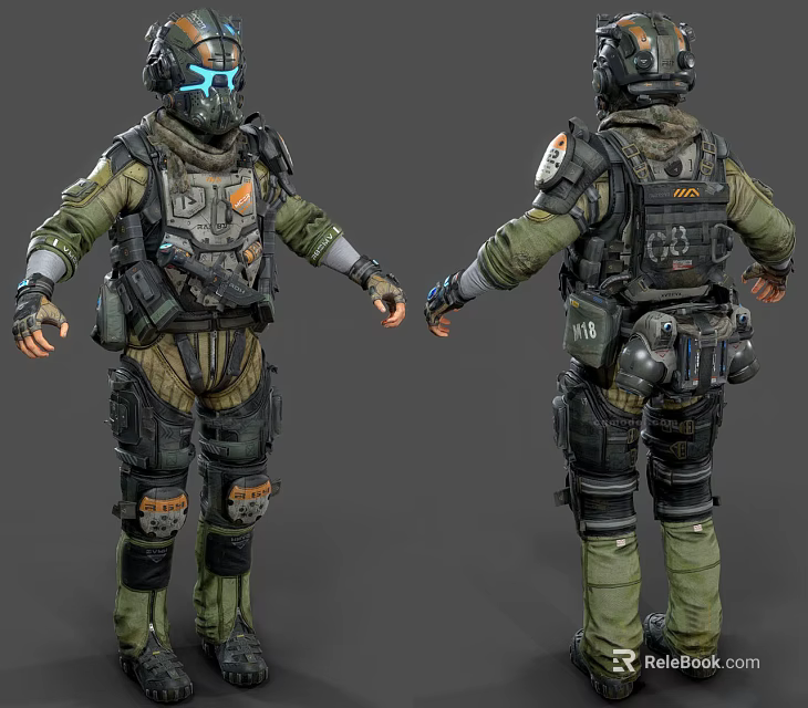 Futuristic Game Character Wearing Tactical Military Gear With Glowing Visor And Armored Outfit 3d model 