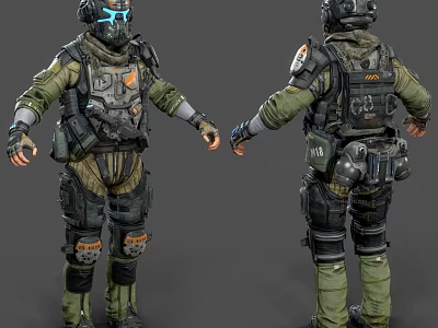 Futuristic Game Character Wearing Tactical Military Gear With Glowing Visor And Armored Outfit 3d model