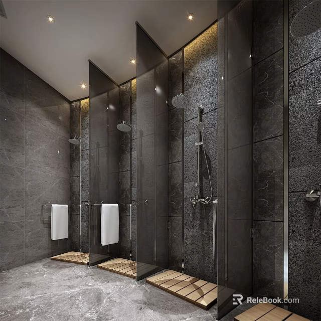 Modern Public Restroom With Dark Tile Walls Stalls And Wooden Pedestals 3d model 