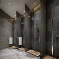 Modern Public Restroom With Dark Tile Walls Stalls And Wooden Pedestals
