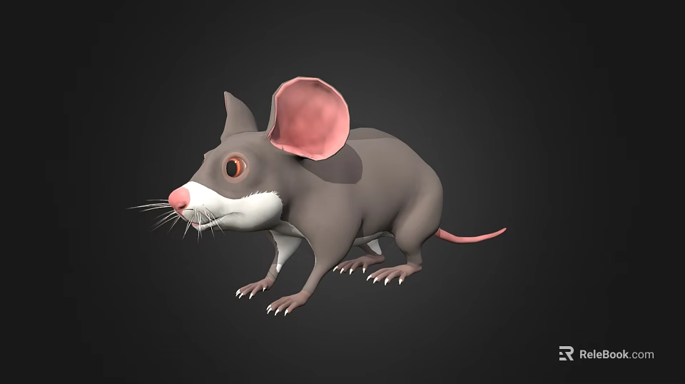 3D Rendered Mouse With Gray Body Large Pink Ears White Belly Whiskers And Black Background 3d model 