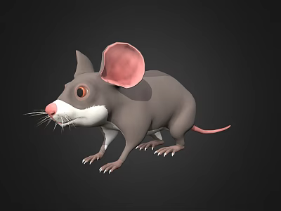 3D Rendered Mouse With Gray Body Large Pink Ears White Belly Whiskers And Black Background 3d model