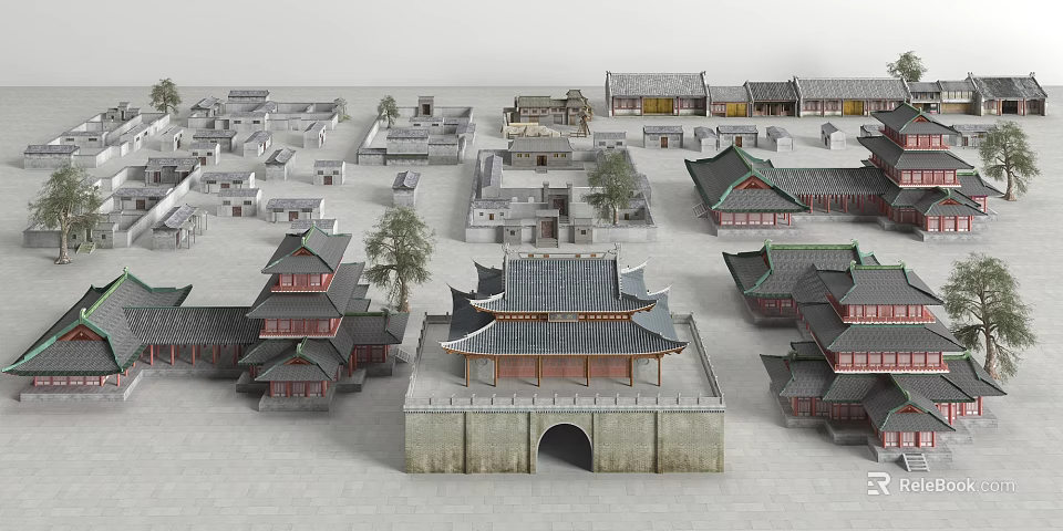 Ancient Architecture With Traditional Sloped Tile Roofs Courtyards Trees And Stone Gateway 3d model 