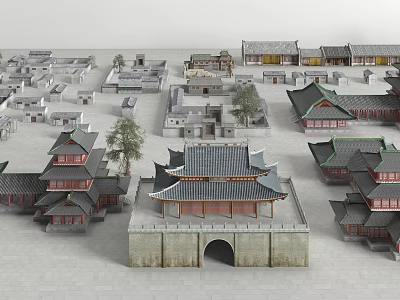 Ancient Architecture With Traditional Sloped Tile Roofs Courtyards Trees And Stone Gateway 3d model