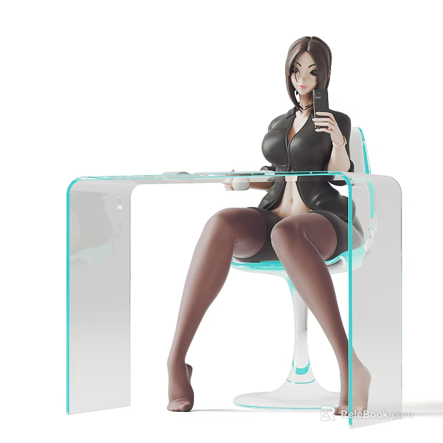 Woman In Black Outfit Sitting On Chair Using Smartphone At Transparent Table 3d model 
