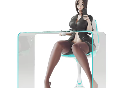 Woman In Black Outfit Sitting On Chair Using Smartphone At Transparent Table 3d model