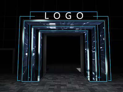 Modern Event Entrance With Blue Neon Light Frames And LOGO 3d model