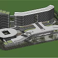Modern High Rise Building Complex With Glass Facade Connected Towers And Green Area
