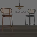 Wooden Bar Stools with Wicker Backrest Brown and Black Against Gray Wall with Pendant Light