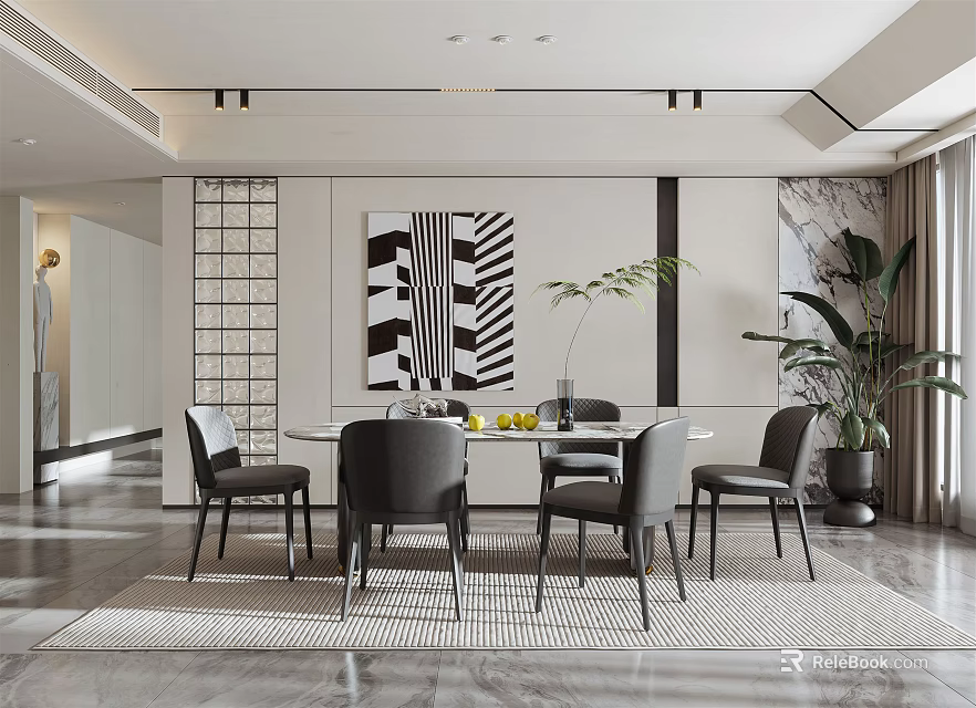 Modern Restaurant Interior With Dining Table Chairs Geometric Wall Art Green Plants And Rug 3d model 
